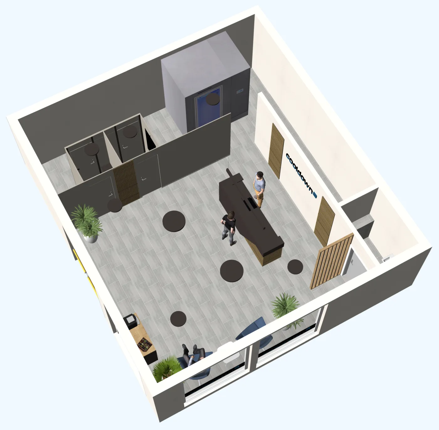 3D-Visualisierung eines cooldown.me-Musterstudios von oben mit Empfangstheke, Wartebereich, zwei Umkleidekabinen und der Kältekammer